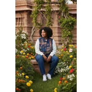 Vintage CST Blues Women's 1X Denim Chambray Embroidered Floral Patchwork Vest